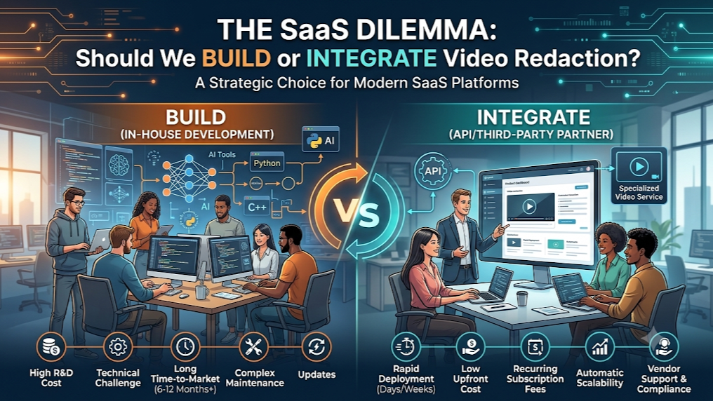 Decision diagram: build a custom video redaction model versus integrate a REST API, self-hosted worker, or embedded editor