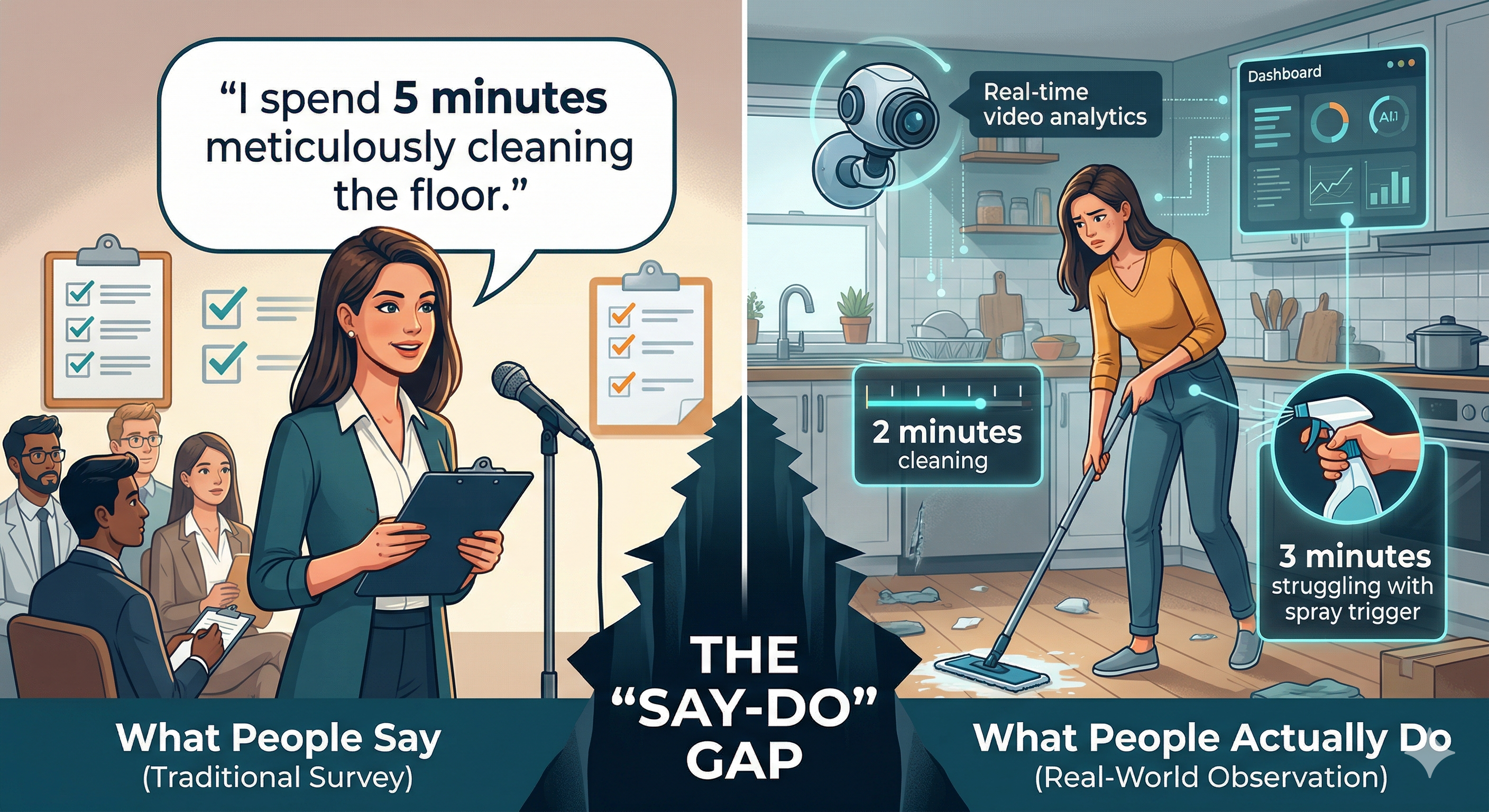 Illustration of a consumer interacting with a product while being observed by AI-powered cameras, symbolizing the shift from traditional surveys to Streamingo's observational research.