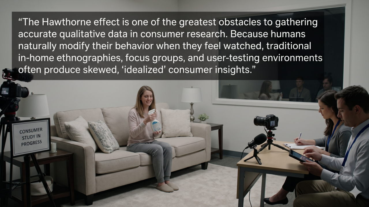 Passive camera in a home kitchen capturing natural consumer behavior with an anonymized, blurred figure