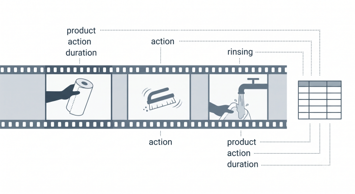 Survey responses compared with video-derived usage data showing activity duration, sequence, and frequency