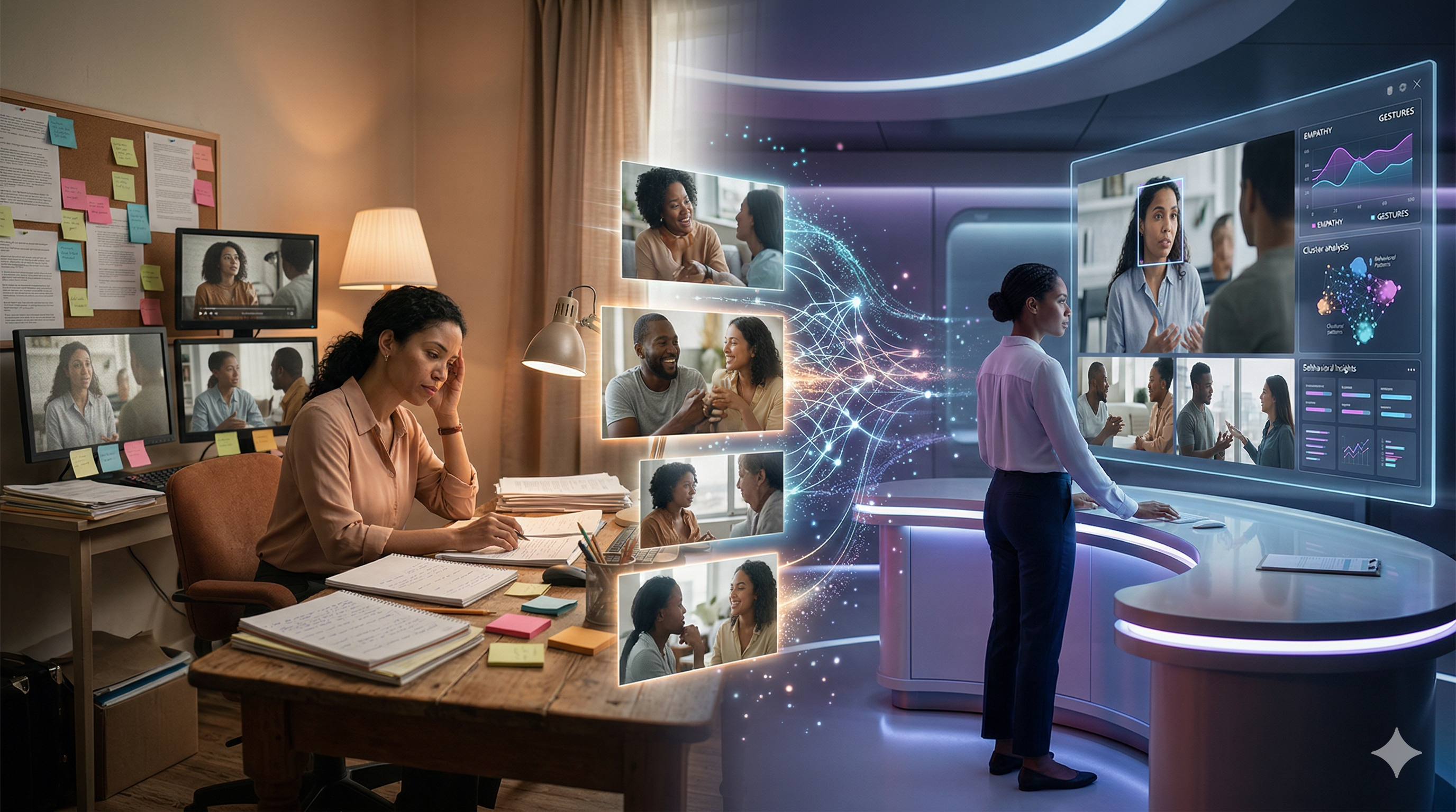 Illustration of a researcher wearing an AI-powered exoskeleton, analyzing consumer behavior in a retail setting, symbolizing the future of qualitative research.