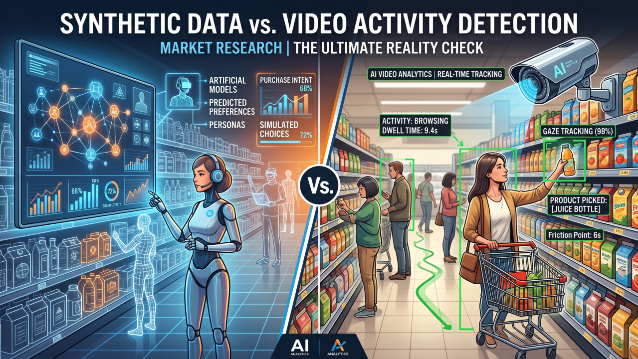 Split visual comparing a synthetic AI persona generating simulated survey responses against real shopper behavior tracked by video activity detection in a retail aisle