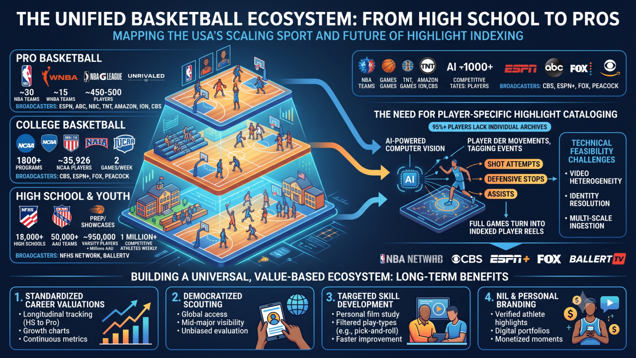 Basketball arena with multiple broadcast cameras and AI player-tracking overlays across high school, college, and professional levels