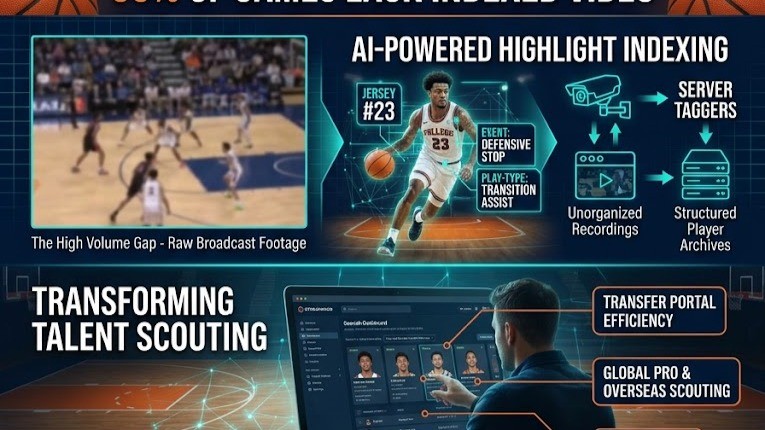 College basketball game on a single-camera webcast with AI-indexed player clips