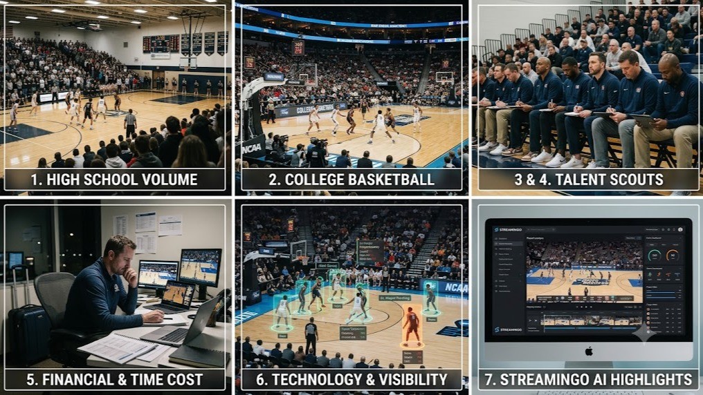 Basketball scout reviewing game film on a laptop in a high school gym