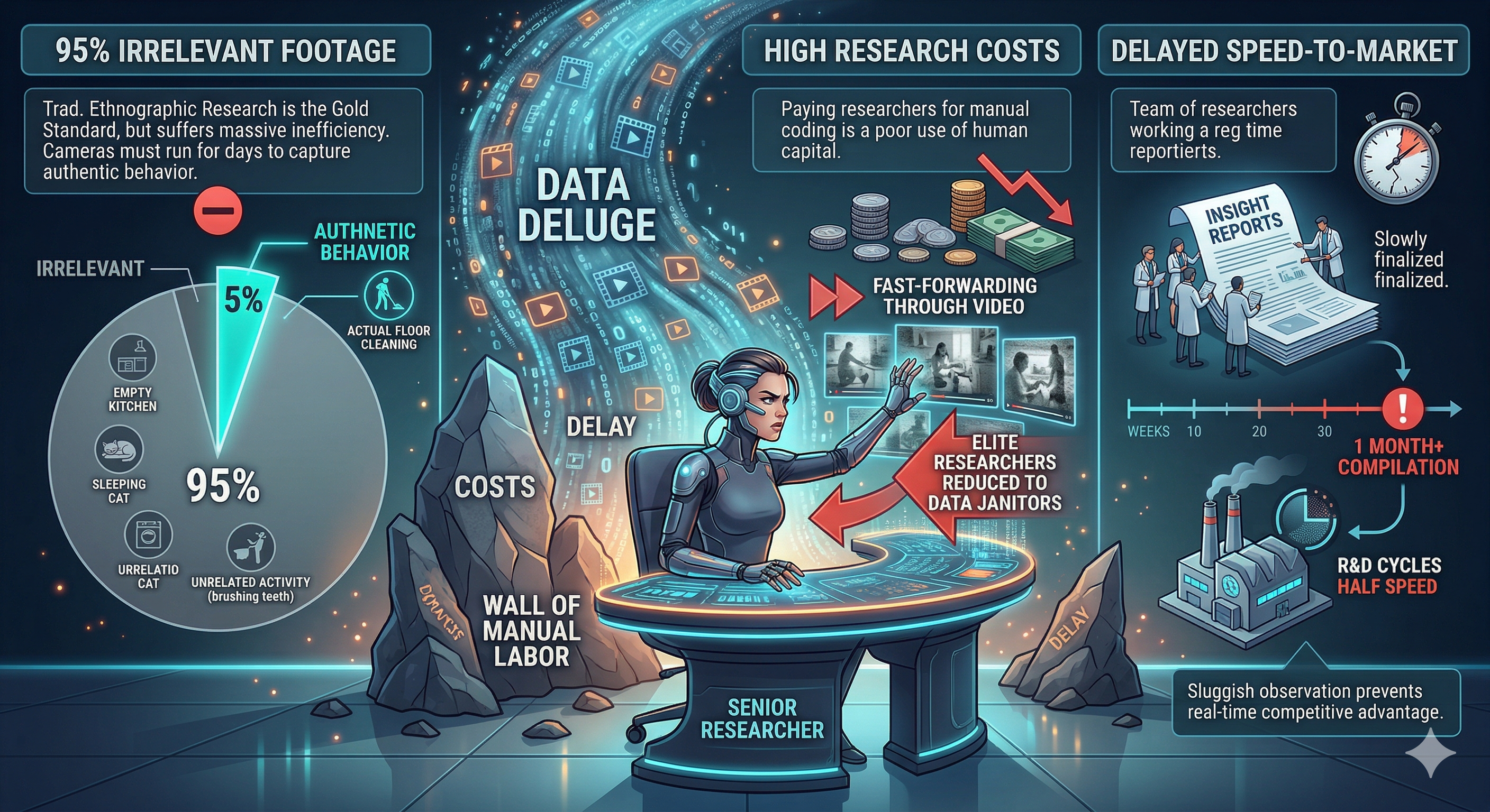 Illustration of a vast stream of video footage being filtered by an AI system into a focused stream of consumer insights, representing Streamingo's solution to the data deluge in at-home ethnographic research.